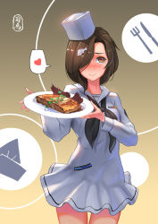 Rule 34 | 1girl, black neckerchief, blush, breasts, brown eyes, brown hair, character request, closed mouth, copyright request, fork, hair over one eye, hat, heart, highres, holding, holding plate, kantai collection, knife, large breasts, looking at viewer, neckerchief, pacific (kancolle), plate, sima naoteng, smile, solo, speech bubble, spoken heart, white hat