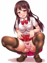 Rule 34 | 1girl, bad id, bad pixiv id, blouse, blush, breasts, brown hair, brown thighhighs, clothes lift, long hair, looking at viewer, medium breasts, neri sachiko, open mouth, original, panties, plump, purple eyes, school uniform, shirt, simple background, skirt, skirt lift, smile, solo, squatting, striped clothes, striped panties, thick thighs, thighhighs, thighs, underwear, white background, white shirt