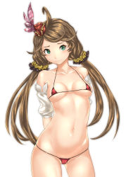 Rule 34 | 10s, 1girl, ahoge, arms behind back, bare shoulders, bikini, blush, breasts, cleavage, collarbone, contrapposto, covered erect nipples, cowboy shot, detached sleeves, feathers, flower, granblue fantasy, green eyes, groin, hair flower, hair ornament, hair scrunchie, harie (granblue fantasy), hat, hat feather, highres, legs apart, long hair, looking at viewer, micro bikini, mini hat, navel, partially visible vulva, pink feather, pink feathers, rose, ryuuzou, scrunchie, short sleeves, simple background, small breasts, solo, standing, stomach, strap gap, swept bangs, swimsuit, tsurime, very long hair, white background, yellow flower, yellow rose