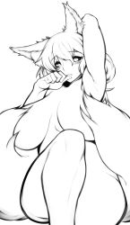 Rule 34 | 1girl, animal ears, arm behind head, armpits, breasts, curvy, female focus, fox ears, fox tail, highres, huge breasts, kaminari, long hair, monochrome, multiple tails, nude, simple background, sitting, solo, tail, touhou, white background, yakumo ran