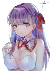 Rule 34 | 10s, 1girl, bb (fate), bb (fate/extra), blush, bra, breasts, cleavage, closed mouth, collar, detached collar, fate/extra, fate/extra ccc, fate (series), hair ribbon, half updo, large breasts, long hair, looking at viewer, mirutu, neck ribbon, purple eyes, purple hair, red ribbon, ribbon, signature, simple background, smile, solo, strapless, strapless bra, underwear, upper body, white background, white bra, white collar, wing collar