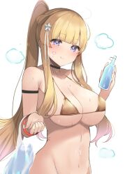 Rule 34 | 1girl, arm strap, bag, bare arms, bare shoulders, bikini, black choker, blonde hair, blush, breasts, choker, cleavage, closed mouth, collarbone, fletcher (kancolle), food, gold bikini, groin, hair ornament, heart, holding, holding food, kantai collection, large breasts, long hair, plastic bag, purple eyes, shin (new), simple background, smile, solo, star (symbol), star hair ornament, swimsuit, upper body, white background