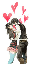 Rule 34 | 1boy, 1girl, arm grab, bad id, bad pixiv id, belt, black hair, blue thighhighs, boots, buttons, closed eyes, coat, d.gray-man, dress shirt, earrings, frills, hand on another&#039;s cheek, hand on another&#039;s face, heart, imminent kiss, jewelry, kanda yuu, lenalee lee, long hair, pants, ponytail, shirt, short twintails, simple background, skirt, studs, thighhighs, twintails, uniform, waistcoat, white background, yone (kaguudou), zettai ryouiki