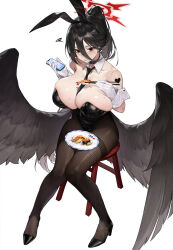Rule 34 | 1girl, absurdres, alter (j alter7), bare shoulders, black footwear, black hair, black wings, blue archive, breasts, brown pantyhose, cellphone, chair, collarbone, fishnet pantyhose, fishnets, food, full body, gloves, hair between eyes, halo, hasumi (blue archive), highres, holding, holding phone, huge breasts, long hair, looking at viewer, necktie, on chair, pantyhose, phone, plate, red eyes, shoes, simple background, sitting, solo, sushi, white background, white gloves, wings