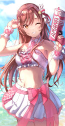 Rule 34 | 1girl, absurdres, beach, blue sky, blush, breasts, citrusmikan, cloud, cloudy sky, collarbone, day, detached collar, eyewear on head, finger on trigger, frilled tube top, frills, grin, hair ornament, hair ribbon, highres, holding, holding water gun, horizon, idolmaster, idolmaster shiny colors, long hair, looking at viewer, medium breasts, nail polish, navel, necktie, ocean, one eye closed, open mouth, osaki amana, outdoors, pink necktie, plaid necktie, pleated skirt, red hair, ribbon, skirt, sky, smile, solo, standing, star-shaped eyewear, star (symbol), strapless, sunglasses, sweat, swept bangs, teeth, tinted eyewear, tube top, water, water gun, white skirt, wrist cuffs, yellow eyes