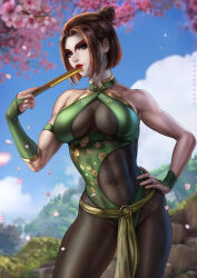 Rule 34 | 1girl, arm strap, armband, artist name, avatar: the last airbender, avatar legends, bare shoulders, blue eyes, bodystocking, breasts, bridal gauntlets, brown hair, cherry blossoms, cloud, covered abs, covered navel, cowboy shot, dandon fuga, eyeshadow, floral print, folding fan, green armband, green wristband, hair bun, hand fan, hand on own hip, highres, holding, holding fan, japanese clothes, large breasts, leggings, lipstick, looking at viewer, makeup, midriff, muscular, muscular female, o-ring, red eyeshadow, red lips, short hair, single bridal gauntlet, sky, solo, suki (avatar)