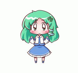 Rule 34 | animated, animated gif, blush, chibi, dancing, detached sleeves, female focus, frog, green eyes, green hair, hair ornament, kochiya sanae, long hair, lowres, maitora, musical note, simple background, snake, solo, touhou