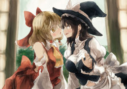 Rule 34 | 2girls, ascot, bare shoulders, belly, blush, bow, breasts, brown hair, cosplay, costume switch, detached sleeves, eye contact, hair bow, hair tubes, hakurei reimu, hakurei reimu (cosplay), hat, imminent kiss, kirisame marisa, kirisame marisa (cosplay), long hair, looking at another, medium breasts, midriff peek, multiple girls, navel, open mouth, smile, touhou, yellow ascot, yellow eyes, yohane, yuri