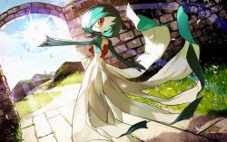 Rule 34 | 1girl, arm up, blue sky, cloud, colored skin, creatures (company), day, dutch angle, energy, female focus, flower, from behind, full body, game freak, gardevoir, gen 3 pokemon, grass, green hair, green skin, hair over one eye, jpeg artifacts, multicolored skin, newo (shinra-p), nintendo, outdoors, outstretched arms, petals, pokemon, pokemon (creature), purple flower, red eyes, short hair, sky, solo, standing, two-tone skin, white skin, wind