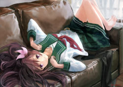 Rule 34 | 1girl, absurdres, barefoot, chamu (chammkue), couch, crescent, green sailor collar, green skirt, hair ornament, highres, huge filesize, indoors, kantai collection, kisaragi (kancolle), long hair, long sleeves, lying, neckerchief, on back, purple eyes, red neckerchief, sailor collar, school uniform, serafuku, skirt, smile, solo, twitter username