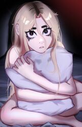 Rule 34 | 1girl, absurdres, bed, bed sheet, black eyes, blonde hair, camera flash, covering privates, dark, highres, holding, holding pillow, hugging object, jessie (veyonis), long hair, looking at viewer, messy hair, nude cover, on bed, original, parted lips, pillow, pillow hug, runny makeup, shadow, sitting, solo, tearing up, veyonis, wide-eyed