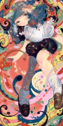 Rule 34 | 1girl, abstract, abstract background, black footwear, black hair, black skirt, full body, highres, jewelry, long hair, looking at viewer, necklace, original, pleated skirt, shirt, shoes, short sleeves, sizucomaru, skirt, socks, solo, white shirt, white socks