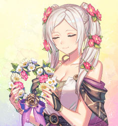 Rule 34 | 1girl, anbe yoshirou, bare shoulders, belt, black belt, black gloves, braid, breasts, bridal gauntlets, cleavage, closed eyes, closed mouth, collarbone, commentary request, dress, fingernails, fire emblem, fire emblem awakening, fire emblem heroes, flower, gloves, hair flower, hair ornament, head wreath, highres, holding, leaf, long hair, medium breasts, nintendo, o-ring, o-ring belt, official alternate costume, pink flower, robin (female) (fire emblem), robin (female) (valentine) (fire emblem), robin (fire emblem), sleeveless, sleeveless dress, smile, solo, twintails, upper body, white dress, white flower, white hair