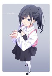 Rule 34 | 1girl, backpack, bag, black hair, black skirt, blue eyes, breasts, cleavage, closed mouth, commentary request, dated, highres, long sleeves, looking at viewer, monai-chan (nii manabu), nii manabu, original, own hands together, pantyhose, ponytail, shirt, short hair, signature, skirt, small breasts, smile, solo, standing, white pantyhose, white shirt