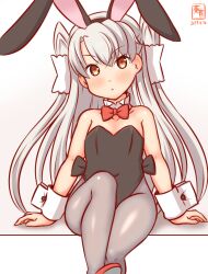 Rule 34 | 1girl, alternate costume, amatsukaze (kancolle), animal ears, artist logo, bare shoulders, black leotard, bow, bowtie, brown eyes, covered navel, detached collar, fake animal ears, grey hair, grey pantyhose, hair tubes, kanon (kurogane knights), kantai collection, leotard, long hair, looking at viewer, pantyhose, playboy bunny, rabbit ears, sitting, solo, strapless, strapless leotard, traditional bowtie, two side up, wrist cuffs