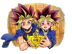Rule 34 | 2boys, black hair, black shirt, blonde hair, blue jacket, bright pupils, chain, collar, commentary request, dyed bangs, highres, holding, jacket, jacket on shoulders, jigoku meguri, long sleeves, male focus, millennium puzzle, multicolored hair, multiple boys, muto yugi, open mouth, purple eyes, purple hair, school uniform, shirt, smile, spiked hair, teeth, tongue, upper teeth only, v-shaped eyebrows, white pupils, yami yugi, yu-gi-oh!, yu-gi-oh! duel monsters