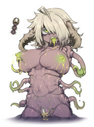 Rule 34 | 1girl, ahoge, arthropod girl, breasts, censored, clinger (terraria), clitoral hood, colored nipples, drooling, grabbing own breast, green eyes, green nipples, hair over one eye, heart, heart censor, humanization, lactation, large breasts, looking at viewer, mandibles, navel, nyong nyong, personification, pussy juice, reference inset, sharp teeth, short hair, simple background, teeth, tentacles, terraria, tongue, tongue out, white background, white hair, worm girl