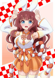 Rule 34 | 1girl, :d, animal ears, arms up, assault lily, bare shoulders, blue eyes, blunt bangs, blush, border, breasts, brown hair, checkered background, commentary request, detached sleeves, fake animal ears, flower knot, gradient background, hairband, hakama, hakama skirt, highres, japanese clothes, kaede johan nouvel, long hair, long sleeves, looking at viewer, medium breasts, nontraditional miko, official alternate costume, open mouth, orange background, orange hakama, outside border, pom pom (clothes), rabbit ears, rabbit pose, rope, shimenawa, shirt, sidelocks, skirt, sleeveless, sleeveless shirt, smile, solo, standing, tassel, thighhighs, wavy hair, white border, white hairband, white shirt, wide sleeves, yellow thighhighs, yosuzu, zettai ryouiki