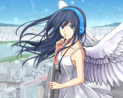 Rule 34 | 1girl, black hair, blue eyes, blurry, cityscape, commentary request, day, depth of field, dress, feathered wings, finger to mouth, headphones, highres, long hair, looking at viewer, nail polish, original, outdoors, partial commentary, setu kurokawa, shushing, solo, sundress, wings