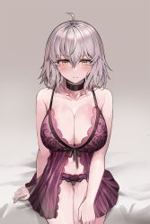 Rule 34 | 1girl, ahoge, babydoll, bare arms, bare shoulders, black panties, breasts, choker, cleavage, closed mouth, collarbone, commentary request, fate/grand order, fate (series), grey background, grey hair, hair between eyes, highres, jeanne d&#039;arc (fate), jeanne d&#039;arc alter (avenger) (fate), jeanne d&#039;arc alter (fate), large breasts, lingerie, looking at viewer, navel, panties, short hair, sitting, solo, stomach, suou-sensei, thighs, underwear, underwear only, yellow eyes