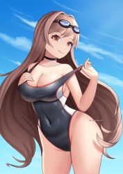 Rule 34 | 1girl, arms behind head, ass, black one-piece swimsuit, blue sky, breasts, brown hair, cleavage, clothing aside, covered navel, curvy, day, djusting swimsuit, goddess of victory: nikke, goggles, goggles on head, groin, hands on own chest, highleg, highleg swimsuit, highres, large breasts, long hair, looking at viewer, narrow waist, nessio art, one-piece swimsuit, orange eyes, rapi (classic vacation) (nikke), rapi (nikke), shiny clothes, shiny skin, sky, solo, standing, swimsuit, swimsuit aside, swimsuit tug, thighs, tong shui, very long hair, wide hips