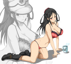 Rule 34 | 1girl, breasts, cleavage, cup, hat, highres, indy k, kai schren, leaning to the side, mug, panties, red panties, red theme, senjou no valkyria (series), senjou no valkyria 4, solo, underwear, underwear only, white background