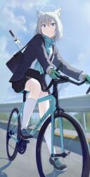 Rule 34 | 1girl, absurdres, animal ear fluff, animal ears, bicycle, black footwear, black skirt, blue archive, blue bag, blue eyes, blue halo, blue jacket, blue scarf, blue sky, cloud, cloudy sky, commentary, gloves, green gloves, grey hair, gun, halo, highres, hikkio, jacket, kneehighs, long sleeves, looking at viewer, looking down, medium hair, open clothes, open jacket, outdoors, parted lips, pleated skirt, scarf, school uniform, shiroko (blue archive), shirt, shoes, sitting, skirt, sky, socks, solo, weapon, white shirt, white socks, wolf ears