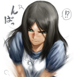 Rule 34 | !?, 1girl, alice: madness returns, alice (alice in wonderland), alice in wonderland, alice liddell (american mcgee&#039;s alice), american mcgee&#039;s alice, apron, black hair, blush, breasts, ceramic man, green eyes, highres, jewelry, long hair, motion blur, necklace, sweatdrop, white background