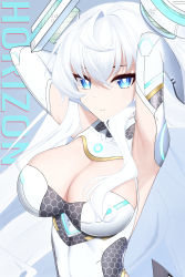 Rule 34 | 1girl, absurdres, armpits, arms up, blue eyes, breasts, character name, cleavage, cleavage cutout, closed mouth, clothing cutout, counter:side, covered collarbone, hair ornament, highres, honeycomb (pattern), horizon (counter:side), large breasts, long hair, looking at viewer, rklk, solo, white hair