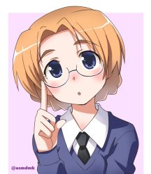 Rule 34 | 1girl, :o, adjusting eyewear, bespectacled, black necktie, blue eyes, blue sweater, blush, braid, commentary request, cowboy shot, dress shirt, girls und panzer, glasses, head tilt, long sleeves, looking at viewer, necktie, one-hour drawing challenge, orange hair, orange pekoe (girls und panzer), osamada meika, parted bangs, parted lips, purple background, school uniform, shirt, short hair, solo, st. gloriana&#039;s school uniform, sweater, twin braids, twitter username, v-neck, white shirt, wing collar