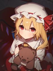 Rule 34 | 1girl, ascot, blonde hair, blush, closed mouth, commentary, dress, flandre scarlet, hair between eyes, hat, hat ribbon, highres, holding, holding stuffed toy, long hair, looking at viewer, mob cap, motamo (motamotri), red dress, red eyes, red ribbon, ribbon, shirt, short sleeves, socks, solo, stuffed animal, stuffed toy, teddy bear, touhou, white hat, white shirt, white socks, wings, yellow ascot