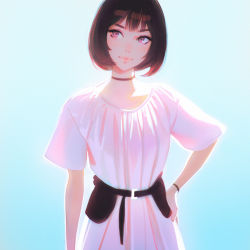 Rule 34 | 1girl, bad id, bad tumblr id, belt, black hair, blue background, bob cut, choker, closed mouth, contemporary, dress, hand on own hip, ilya kuvshinov, lips, looking at viewer, original, red eyes, short hair, simple background, solo