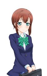 Rule 34 | 10s, 1girl, 5553pp, absurdres, aged up, bad id, bad pixiv id, bag, blazer, blue eyes, blush, bow, highres, jacket, kosaka yukiho, looking at viewer, love live!, love live! school idol project, school bag, school uniform, short hair, simple background, smile, solo, white background