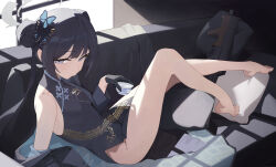 Rule 34 | 1girl, absurdres, ass, barefoot, black dress, black gloves, black hair, blue archive, blush, breasts, butterfly hair ornament, china dress, chinese clothes, double bun, dragon print, dress, gloves, grey eyes, grey halo, gun, hair bun, hair ornament, halo, highres, kisaki (blue archive), long hair, looking at viewer, small breasts, solo, sukaliya, toes, twintails, weapon