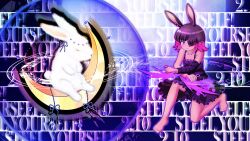 Rule 34 | 1girl, animal ears, assassin rabbit, barefoot, black camisole, black hair, black skirt, blush, camisole, closed mouth, commentary request, dual wielding, earclip, english text, flat chest, frown, full body, hair between eyes, hair over one eye, highres, holding, kittenup, long bangs, magic circle, multicolored hair, on crescent, on one knee, pink hair, purple eyes, purple skirt, rabbit, rabbit and steel, rabbit ears, rabbit girl, rabbit of the moon shira, short hair, skirt, two-tone hair