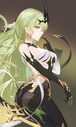 Rule 34 | 1girl, ass, asymmetrical gloves, black dress, black gloves, breasts, claw ring, cleavage, closed mouth, crown, dress, earrings, gloves, green hair, highres, honkai (series), honkai impact 3rd, index finger raised, jewelry, long hair, looking at viewer, looking to the side, mismatched gloves, mobius (honkai impact), purple eyes, see-through, see-through sleeves, single earring, single sleeve, smile, solo, taichi (yirkorn)
