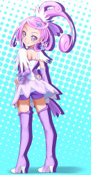 Rule 34 | 1girl, absurdres, amawa kazuhiro, arm warmers, bike shorts, bike shorts under skirt, blue background, boots, choker, cure sword, curly hair, detached sleeves, dokidoki! precure, dress, earrings, eyelashes, hair ornament, hairclip, half updo, happy, high heel boots, high heels, highres, jewelry, kenzaki makoto, looking at viewer, magical girl, ponytail, precure, purple dress, purple eyes, purple footwear, purple hair, purple thighhighs, ribbon, short hair, shorts, shorts under skirt, side ponytail, smile, solo, spade (shape), spade earrings, standing, thigh boots, thighhighs, white background, zettai ryouiki