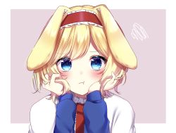 Rule 34 | 1girl, :t, alice margatroid, animal ears, bad id, bad pixiv id, blonde hair, blue eyes, blush, commentary request, frilled hairband, frills, hairband, hand on own cheek, hand on own face, head rest, highres, kemonomimi mode, lolita hairband, looking at viewer, rabbit ears, red hairband, shinonome asu, solo, squiggle, touhou, two-tone background, upper body