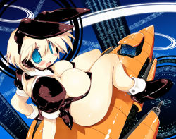 Rule 34 | 1girl, animal ears, blonde hair, blue eyes, blush, breasts, rabbit ears, bursting breasts, cleavage, detached collar, fake animal ears, from above, headset, large breasts, legs, looking back, no pupils, open mouth, original, sakaki (noi-gren), short hair, short sleeves, sitting, solo, thighs