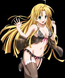 Rule 34 | 10s, 1girl, ahoge, asia argento, black bra, black panties, black thighhighs, blonde hair, bra, breasts, cleavage, covered erect nipples, extraction, garter straps, green eyes, high school dxd, highres, long hair, looking at viewer, navel, open mouth, panties, pink ribbon, ribbon, sideboob, solo, thighhighs, transparent background, underwear