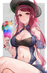 Rule 34 | 1girl, bandeau, bare shoulders, black hat, blue one-piece swimsuit, breasts, cleavage, cup, drinking glass, drinking straw, fire emblem, fire emblem engage, fire emblem heroes, haru (nakajou-28), hat, highres, holding, holding cup, ivy (fire emblem), ivy (summer) (fire emblem), large breasts, long hair, looking at viewer, mole, mole under mouth, navel, nintendo, official alternate costume, one-piece swimsuit, purple eyes, purple hair, sitting, smile, solo, stomach, swimsuit, thighs, very long hair