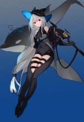 Rule 34 | animal, aonogura, arknights, ascot, bare shoulders, black hat, blue background, gradient background, hat, highres, holding, holding weapon, long hair, looking at viewer, one-hour drawing challenge, orca, red eyes, silver hair, skadi (arknights), skadi (elite ii) (arknights), solo, sword, thigh strap, very long hair, weapon, white ascot