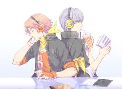 Rule 34 | 2boys, back-to-back, black jacket, brown hair, drinking, fingerless gloves, gloves, grey eyes, hanamura yousuke, headphones, holding, jacket, male focus, multiple boys, narukami yuu, open clothes, open jacket, orange gloves, persona, persona 4, persona 4: dancing all night, persona dancing, silver hair, simple background, sitting, tsuki314, upper body, white background