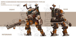 Rule 34 | absurdres, blue eyes, brayanong999, character sheet, commentary, commission, english commentary, gun, highres, holding, holding gun, holding weapon, mecha, missile pod, multiple views, no humans, one-eyed, open hand, original, robot, science fiction, standing, titan (titanfall), titanfall (series), weapon