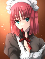 Rule 34 | 1girl, apron, blue eyes, blush, breasts, cleavage, commentary request, highres, hisui (tsukihime), long sleeves, looking at viewer, maid, maid headdress, medium breasts, medium hair, mouth hold, open clothes, orange background, red hair, ribbon, ribbon in mouth, solo, tsukihime, upper body, vent vert (kuuya)
