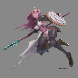 Rule 34 | 1girl, adventure time, alternate costume, armor, breasts, colored skin, commentary, faulds, full body, gauntlets, greaves, grey background, humanization, long hair, medium breasts, ohnarev, pauldrons, pink hair, pink skin, polearm, princess bonnibel bubblegum, red eyes, shield, shoulder armor, showgirl skirt, solo, spear, thighhighs, tiara, weapon