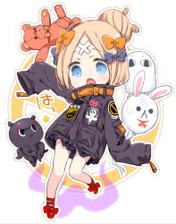 Rule 34 | 1girl, abigail williams (fate), abigail williams (traveling outfit) (fate), alternate hairstyle, balloon, bandaid, bandaid on face, bandaid on forehead, belt, black bow, black jacket, blonde hair, blue eyes, bow, chibi, crossed bandaids, fate/grand order, fate (series), forehead, fou (fate), hair bow, hair bun, heroic spirit traveling outfit, jacket, legs, long hair, medjed (fate), official alternate costume, open mouth, orange bow, parted bangs, polka dot, polka dot bow, red footwear, single hair bun, sino (sionori), sleeves past fingers, sleeves past wrists, solo, stuffed animal, stuffed toy, teddy bear, thighs, tokitarou (fate), white background
