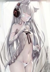 Rule 34 | 1girl, animal ear fluff, animal ears, artist name, awp (girls&#039; frontline) (nekoya (liu)), babydoll, bandages, bandaged arm, bandaged hand, bandages, bare shoulders, blue eyes, bow, bow panties, breasts, collarbone, colored eyelashes, commentary request, covered mouth, curtains, finger to mouth, girls&#039; frontline, grey hair, groin, headphones, highres, indoors, long hair, navel, nekoya (liu), original, panties, shushing, signature, small breasts, solo, strap slip, twitter username, underwear, underwear only, very long hair, white babydoll, white panties, window