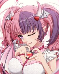 Rule 34 | 1girl, ;p, ahoge, aldivvxiv, belt, black nails, breasts, chest belt, choker, demon horns, demon tail, demon wings, dress, hair ornament, head wings, heart, heart ahoge, heart hair ornament, heart hands, highres, horns, ironmouse, ironmouse (demon form), large breasts, long hair, looking at viewer, multicolored hair, nail polish, o-ring, o-ring choker, one eye closed, pink belt, pink choker, pink hair, pointy ears, purple eyes, purple hair, smile, solo, streaked hair, tail, tongue, tongue out, twintails, virtual youtuber, vshojo, white dress, wings