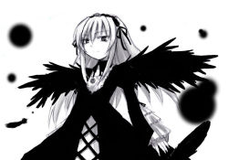 Rule 34 | 00s, 1girl, black wings, dress, faux traditional media, feathers, flower, greyscale, hairband, high contrast, long hair, long sleeves, looking at viewer, mizumoto tadashi, monochrome, rose, rozen maiden, simple background, sketch, solo, suigintou, very long hair, wings